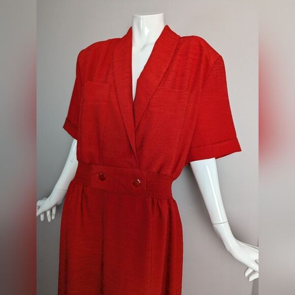 Vintage RedâFaux Wrap Midi Dress Womenâs XL Cinched Waist Shoulder Pads - Picture 2 of 10